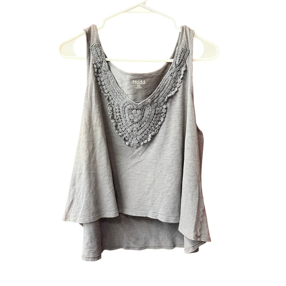 Mudd Tank Top Womens XL Gray Crochet Lace Bib High Low Hem Sleeveless Boho